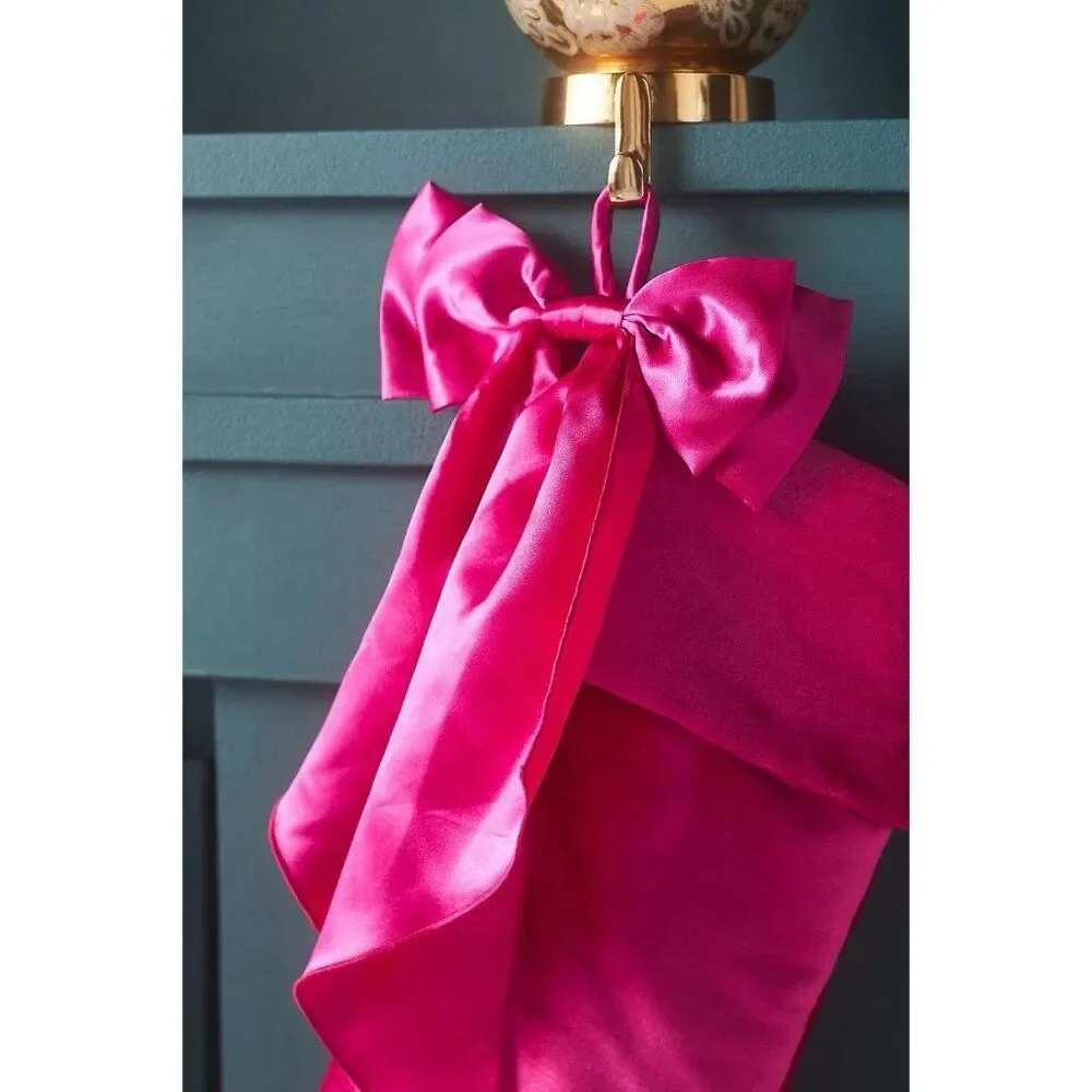 Anthropologie PINK Velvet Bow Stocking  Christmas Holiday Plush Luxury Brand NEW